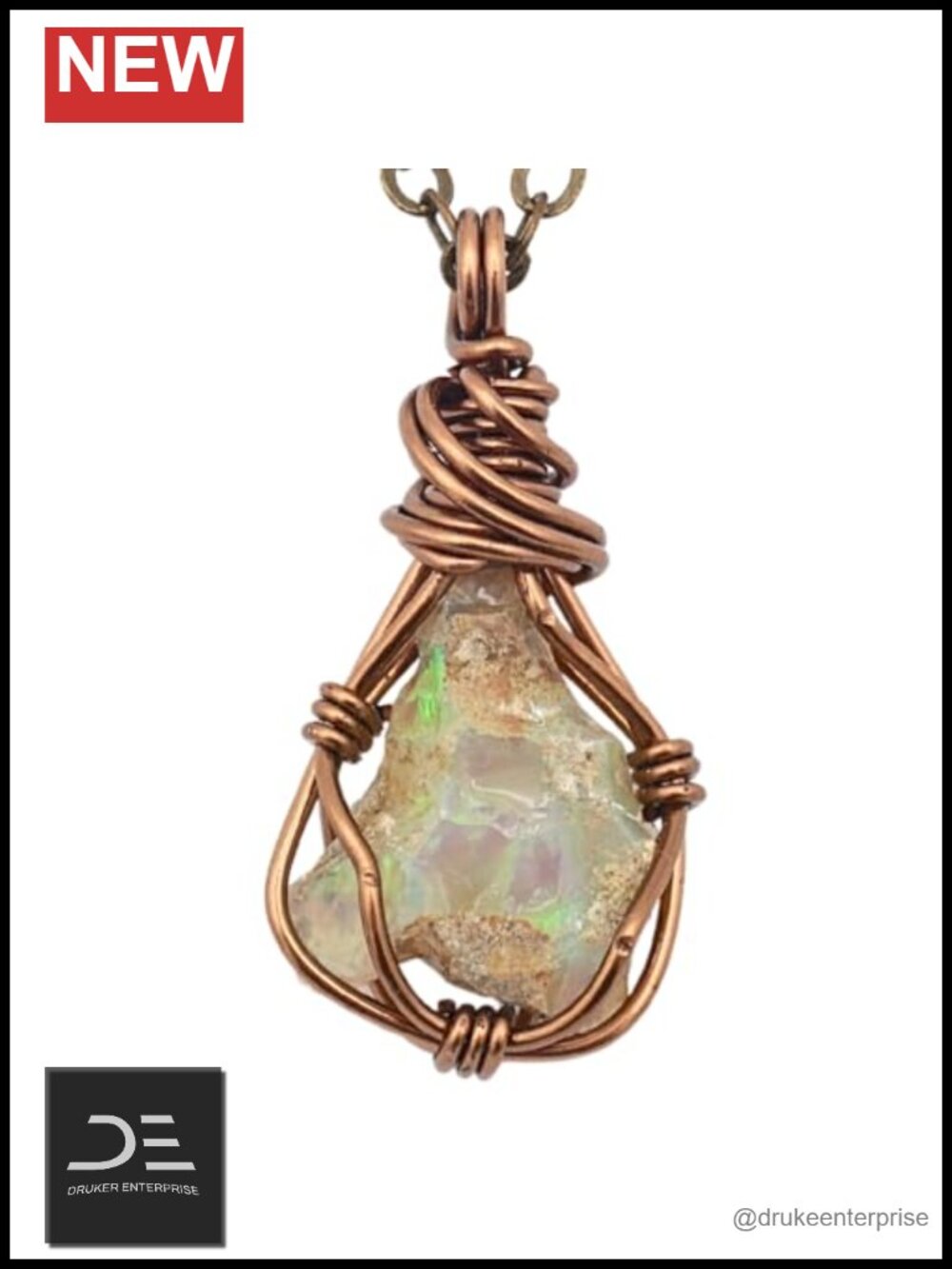 Handmade Opal Necklace 24 Inch Chain Antique Bronze Wire Wrapped Pendant